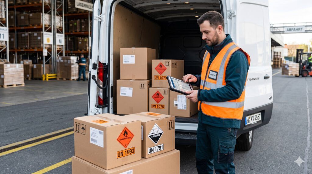Logistikmitarbeiter mit Warnweste prüft per Tablet Gefahrgut-Versandstücke mit Gefahrzetteln und UN-Nummern an einem Transporter