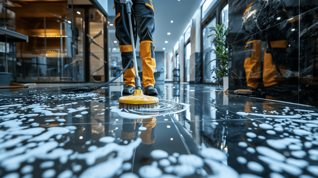 Mann reinigt Unternehmensfußboden mit Bürstenreinigungsgerät im Rahmen des Frühjahrsputzes zur Sicherheits- und Ordnungsoptimierung.