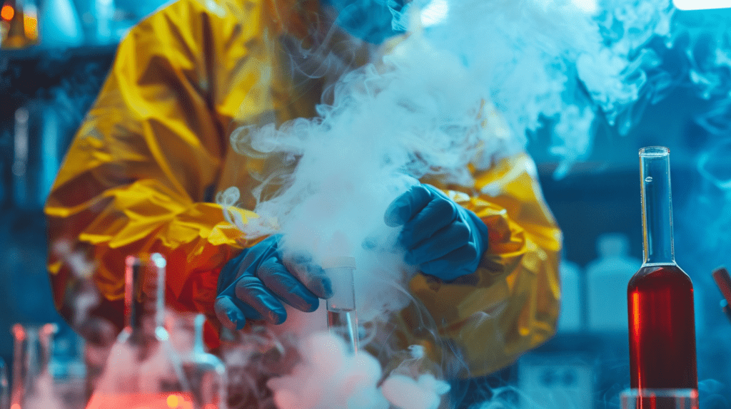 Labormitarbeiter in gelber Schutzkleidung experimentiert mit rauchendem Reagenzglas, Explosionsschutz