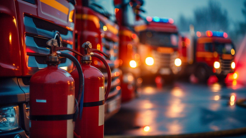 LKWs mit Feuerlöschern nach ADR-Regelungen 2023 für den Transport von Kleinmengen gefährlicher Güter.