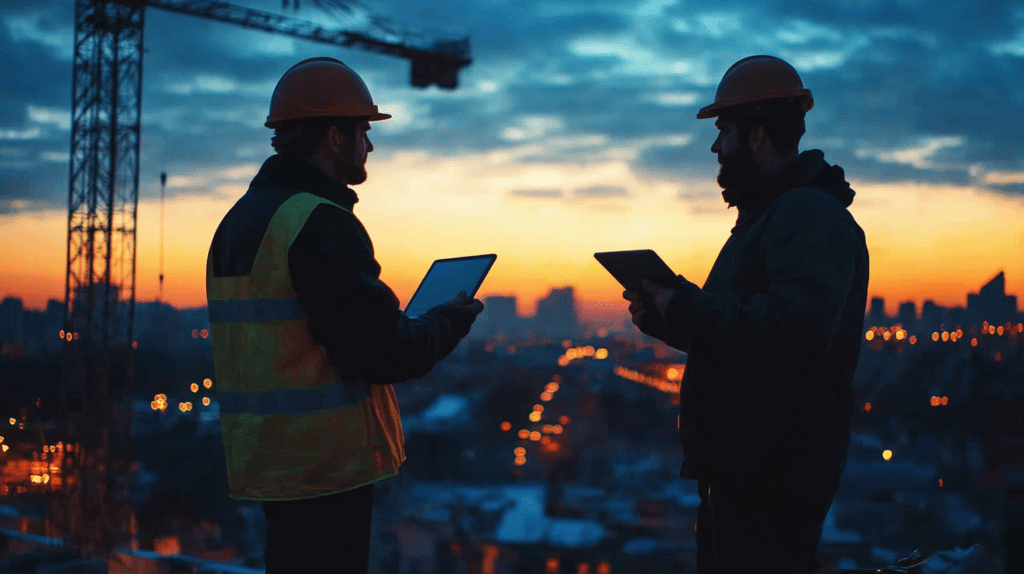 Zwei Bauarbeiter mit Helmen bei Sonnenuntergang auf einer Baustelle, Sicherheitsunterweisung im Freien.