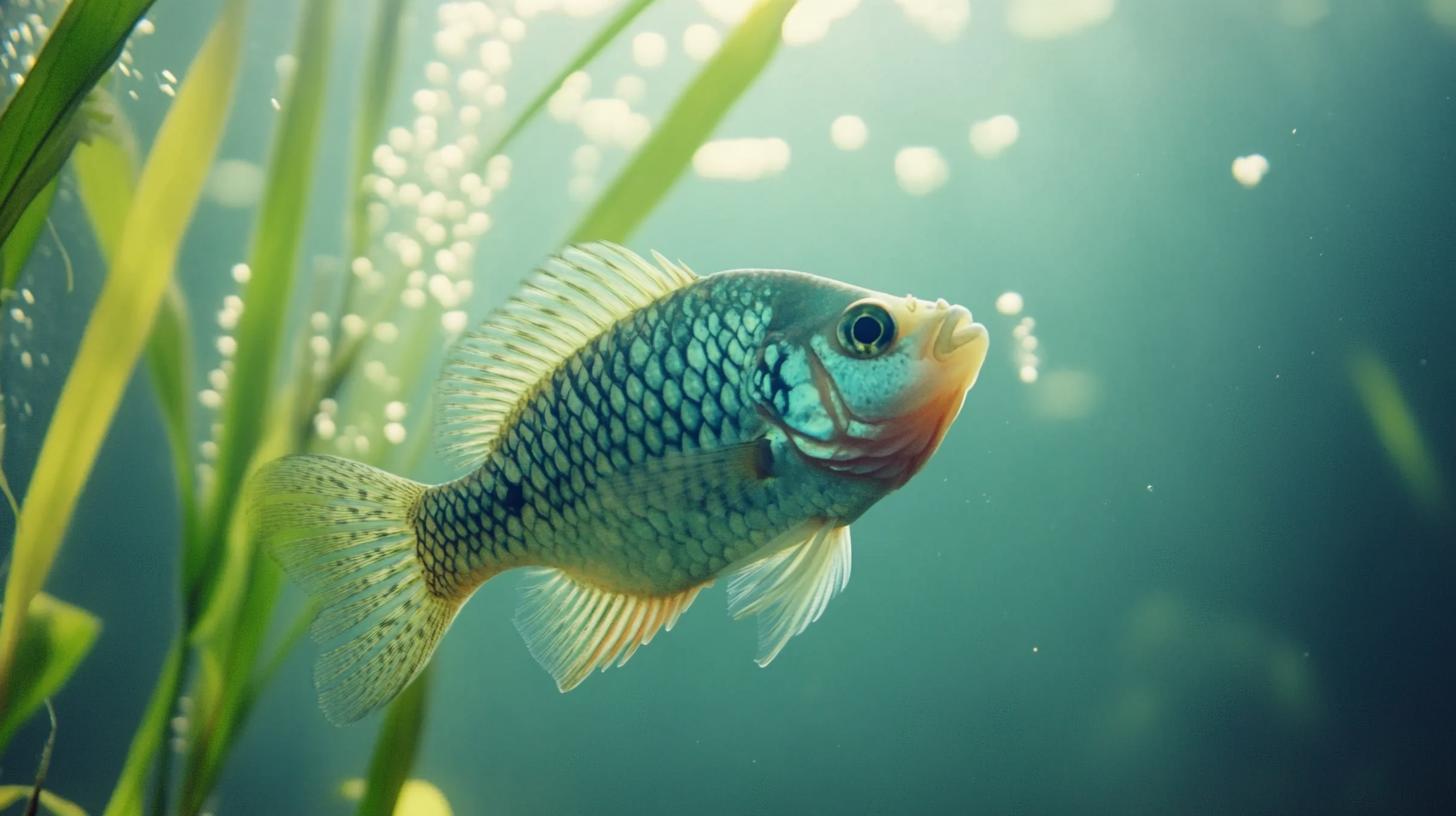 Fisch in der Aquakultur schwimmt zwischen Wasserpflanzen – nachhaltige Fischzucht.