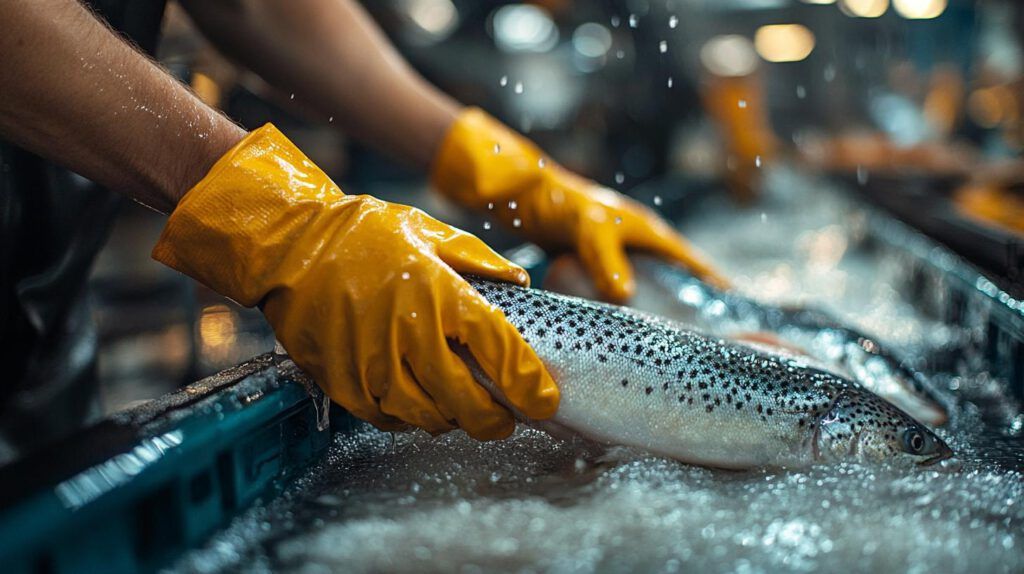 Fischverarbeitung in der Aquakultur – Arbeiter mit Handschuhen hält frischen Fisch. Das Bild steht symbolisch für den Arbeitsschutz in der Aquakultur.