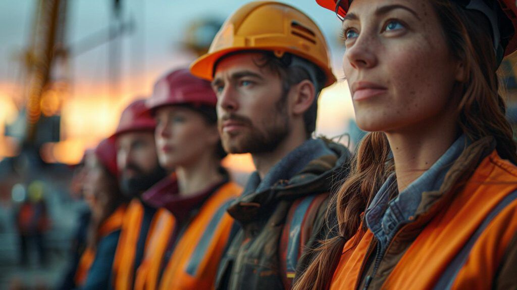 Baustellenmitarbeiter mit Schutzhelmen blicken in die Ferne, symbolisieren Teamarbeit und Arbeitsschutz
