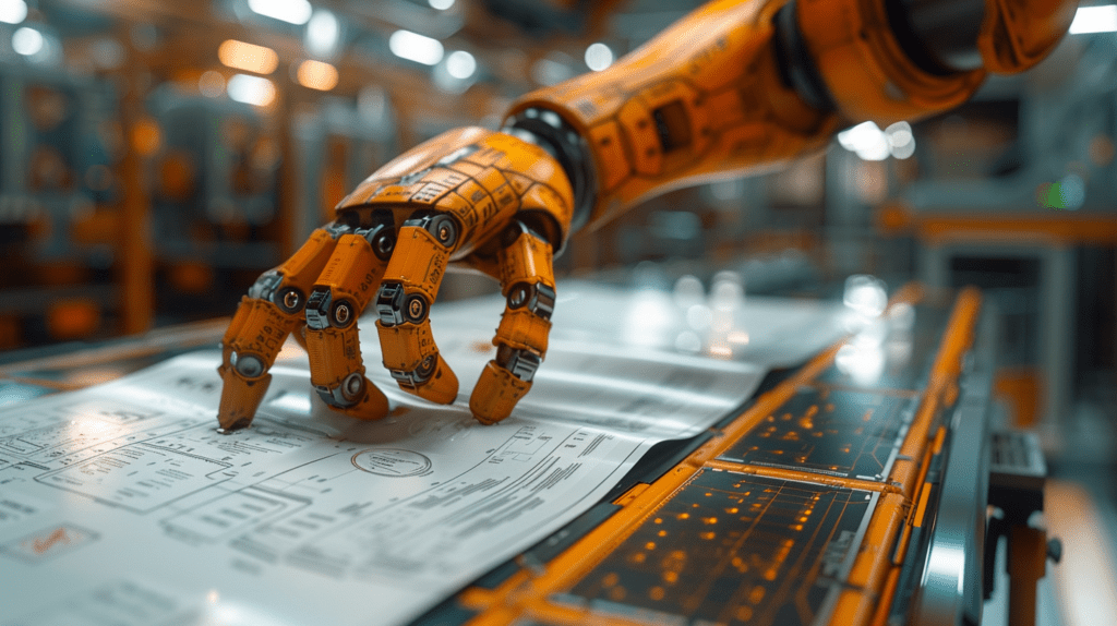 Orangefarbene Roboterhand zeigt auf ein Blatt Papier – Symbol für moderne Technologien im Arbeitsschutz.