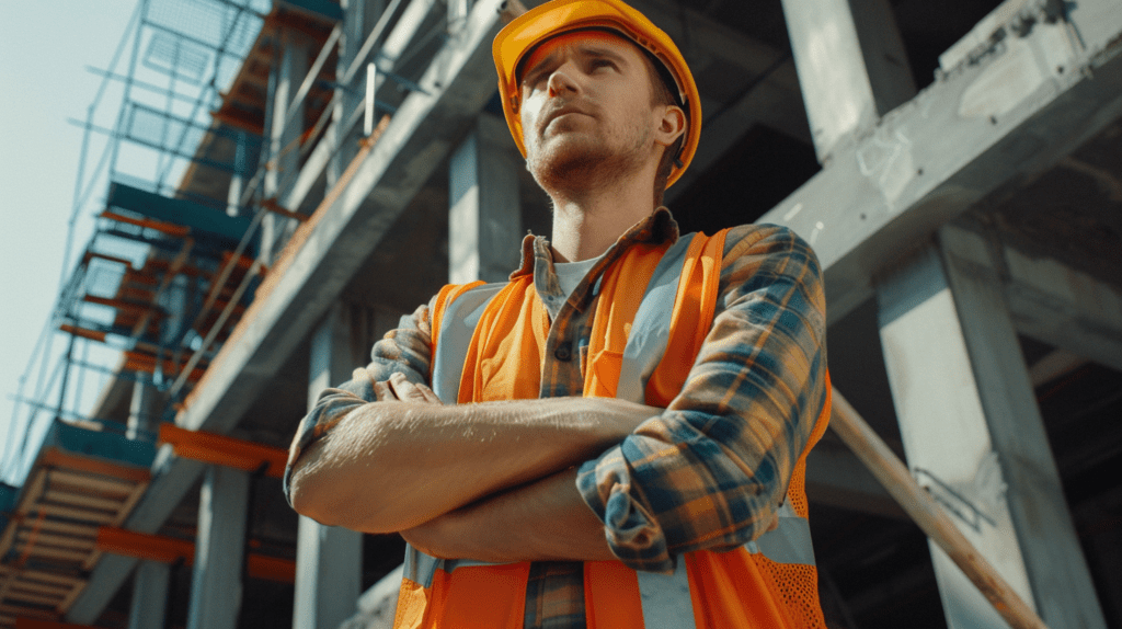 Arbeiter in Sicherheitsausrüstung konzentriert bei der Arbeit auf einer Baustelle, betont die Wichtigkeit der Sicherheit bei der Arbeit.