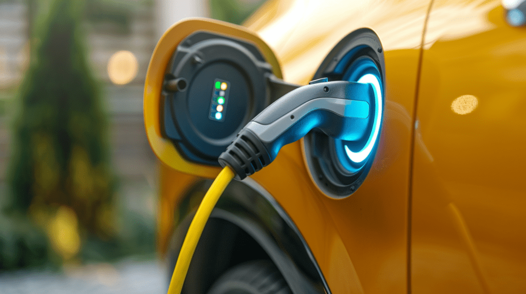 Elektroauto wird an Ladestation geladen, symbolisiert Fortschritt in der Batterieproduktion.