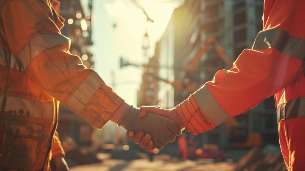 Zwei Bauarbeiter in orangefarbener Schutzkleidung schütteln sich die Hände, symbolisieren Zivilcourage.