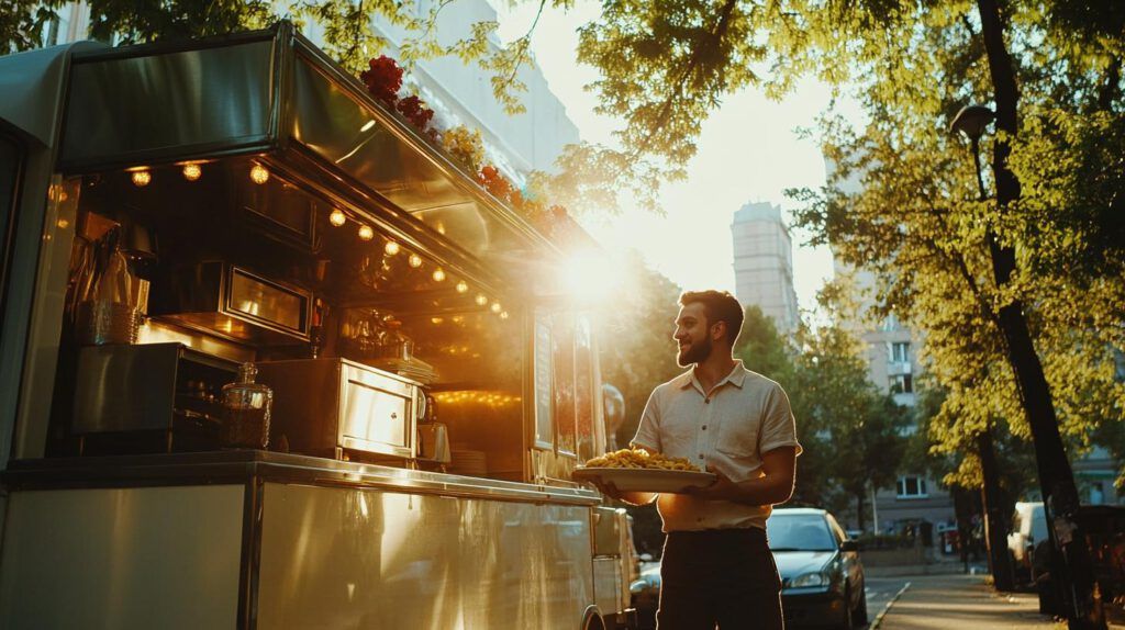 Brandschutz für Foodtrucks – Foodtruck-Inhaber bietet Essen mit sichtbaren Sicherheitsmaßnahmen an.