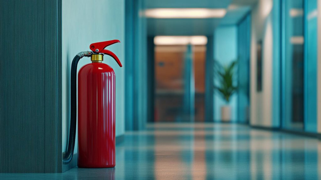 Ein roter Feuerlöscher steht gut sichtbar in einem modernen Krankenhausflur mit blauen Wänden und glänzendem Boden. Er symbolisiert die Bedeutung des Brandschutzes in Krankenhäusern.