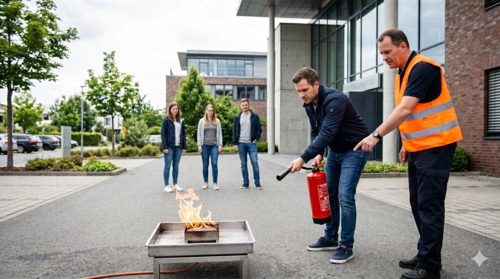 Brandschutzhelfer-Ausbildung: Mitarbeiter übt mit Feuerlöscher an kontrolliertem Übungsfeuer
