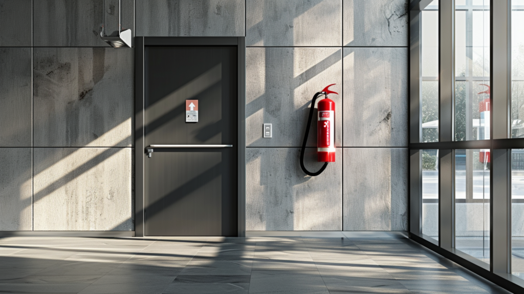 Brandschutztüren im Bürogebäude mit Feuerlöscher nebenan