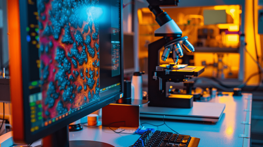 Computer in einem Labor mit geöffneter Datei über Krankheitserreger auf dem Bildschirm