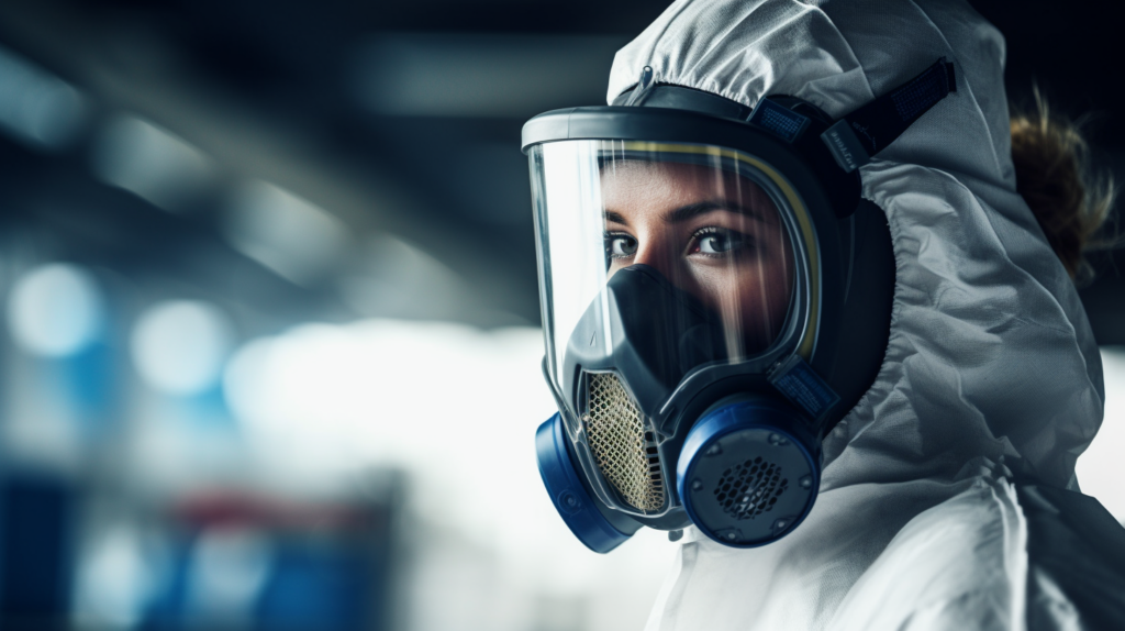 Frau mit Schutzmaske arbeitet im gentechnischen Labor