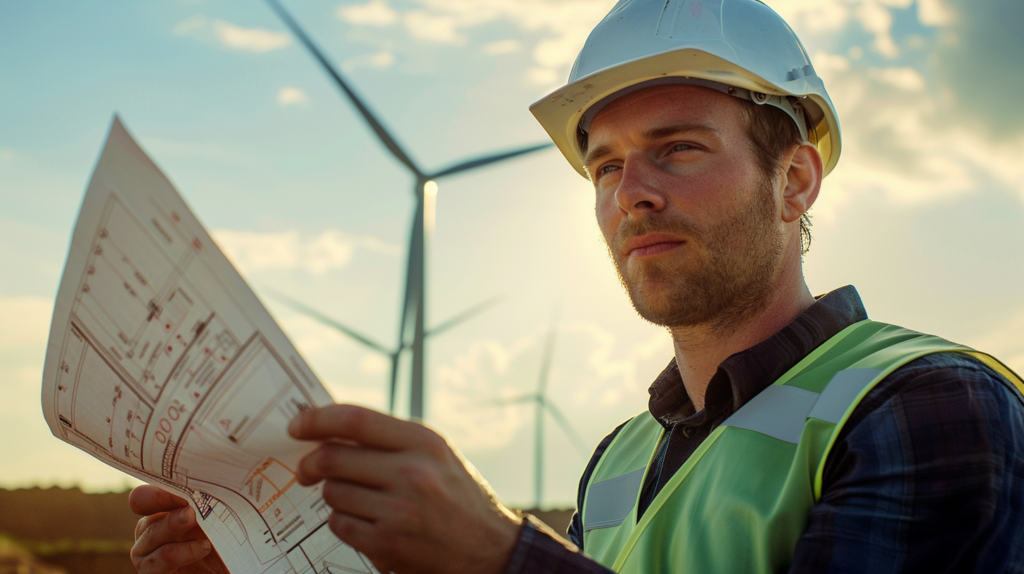 Arbeiter betrachtet Windrad als Symbol für Energieeffizienzpotenzial