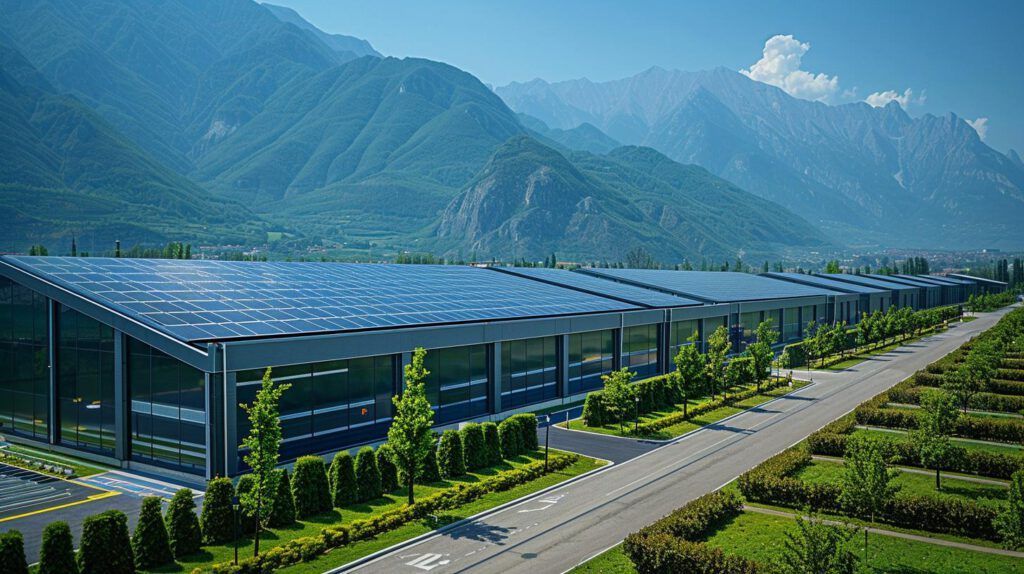 Solaranlage auf dem Firmendach vor Bergkulisse an einem sonnigen Tag