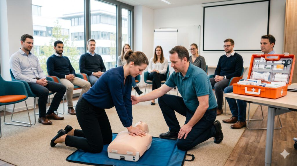 Ersthelfer-Schulung im Betrieb: Teilnehmerin übt Herzdruckmassage an einer Übungspuppe