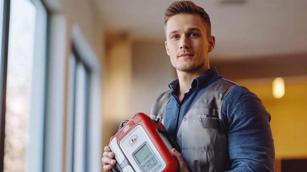 Ein junger Ersthelfer in Arbeitskleidung hält einen Defibrillator (Erste-Hilfe-Gerät) in den Händen. Er steht in einem hellen Raum mit großen Fenstern, der Professionalität und Kompetenz ausstrahlt.