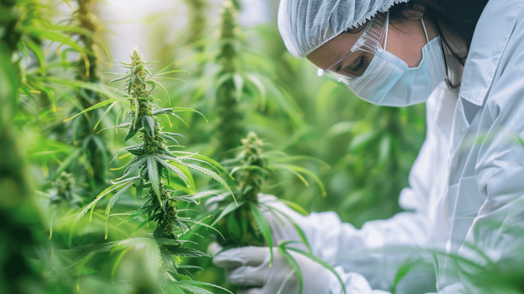 Frau in Schutzkleidung und Atemschutzmaske inspiziert Cannabispflanzen