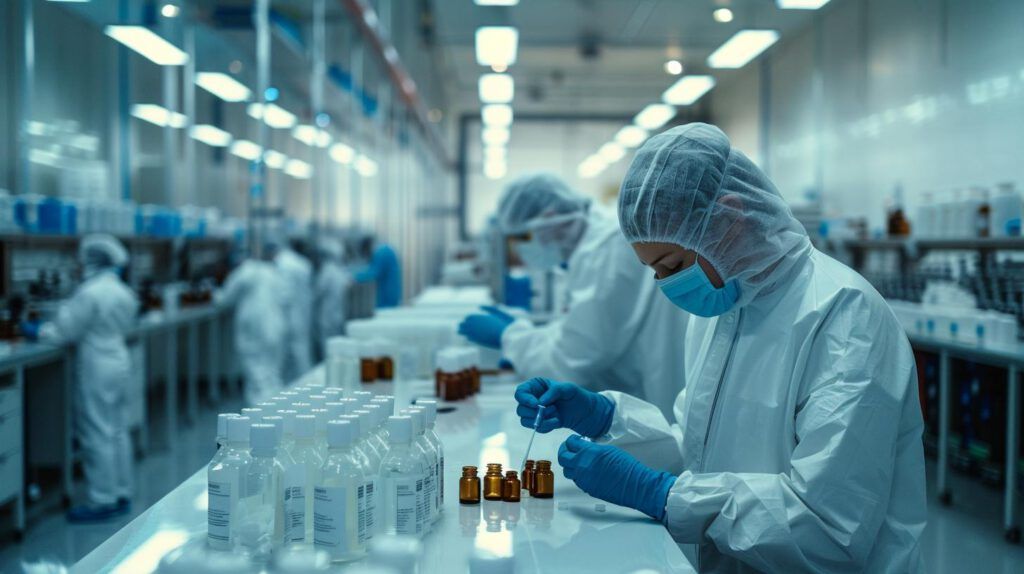 Labormitarbeiter in kompletten Schutzanzügen im Labor, Umgang mit Gefahr- und Biostoffen