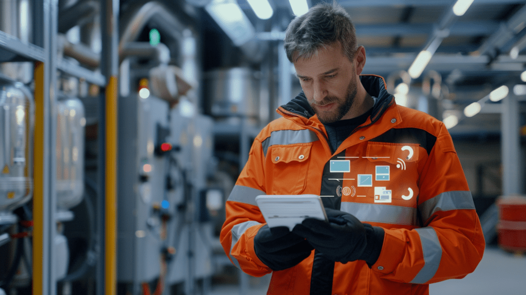 Mitarbeiter in Arbeitsjacke mit iPad zur Verwaltung des Gefahrstoffkatasters