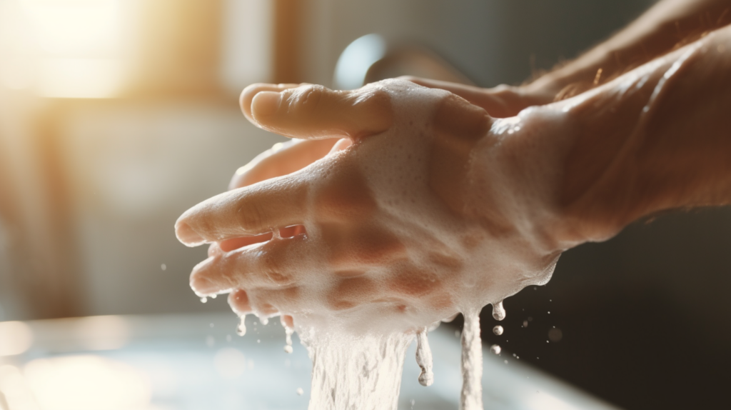 Mann wäscht Hände als Teil des Hautschutzes am Arbeitsplatz