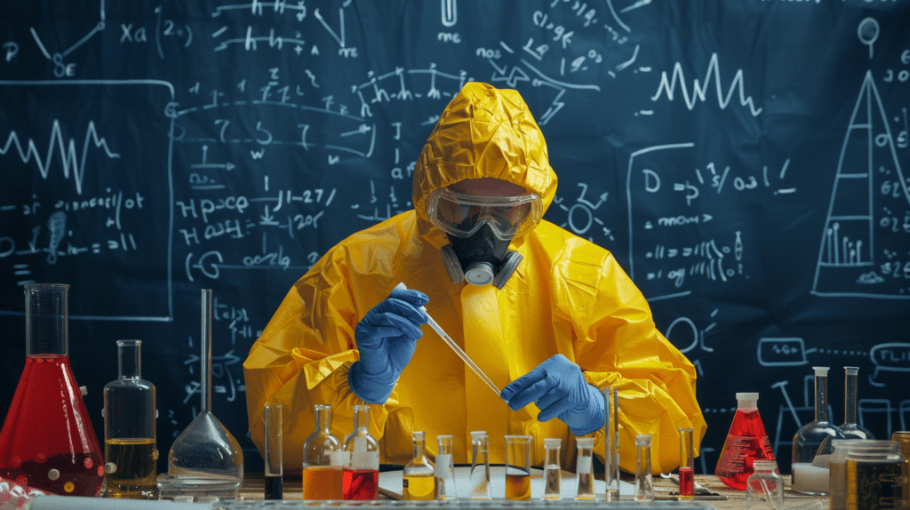 Labormitarbeiter in gelber Schutzkleidung bei der Arbeit in gentechnischen Anlagen