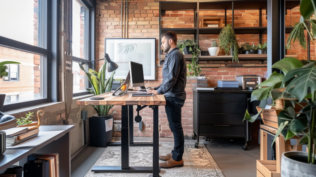 Mann arbeitet an einem hochgefahrenen Schreibtisch, um optimale Schreibtischhöhe für ergonomisches Stehen zu demonstrieren.