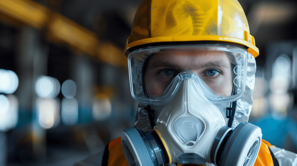 Mitarbeiter mit Atemschutzmaske und Schutzanzug auf Baustelle, vorbereitet auf Asbestarbeiten