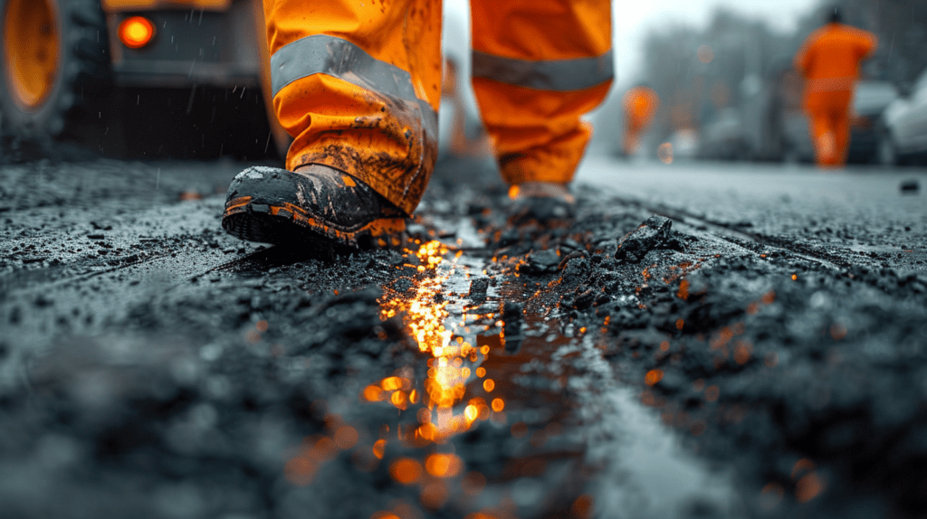 Beine eines mobilen Mitarbeiter mit schmutzigen Arbeitsschuhen auf dreckigem Untergrund