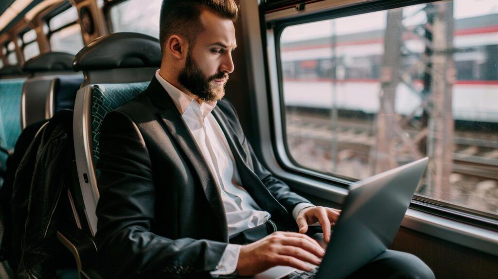 Angestellter im Zug auf Geschäftsreise mit Laptop, nachhaltiges Reisen