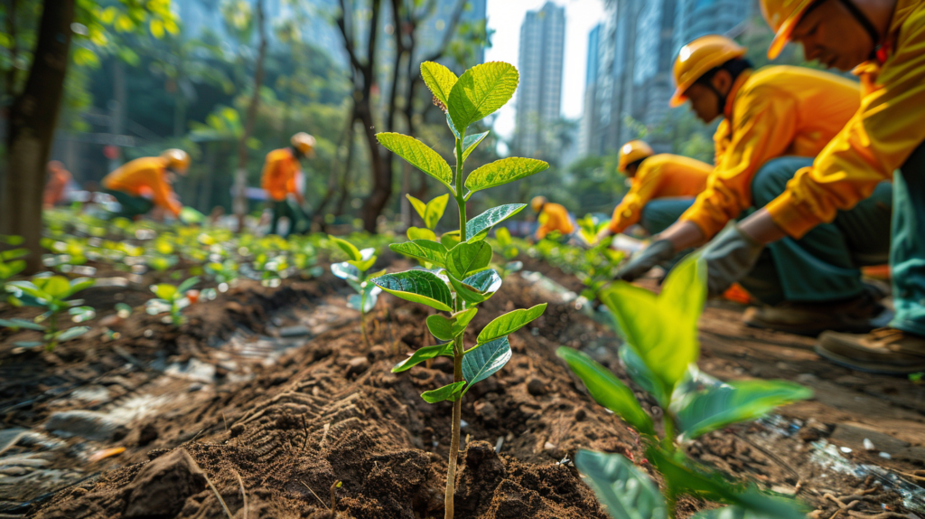 Mitarbeiter in Arbeitsschutzkleidung pflanzen fuer die Nachhaltigkeit junge Bäume