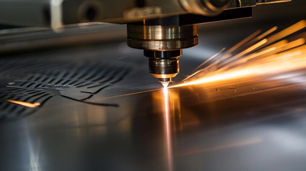 Nahaufnahme eines Lasers, der durch eine Metallplatte schneidet, symbolisiert den sicheren Umgang mit Lasertechnologie.