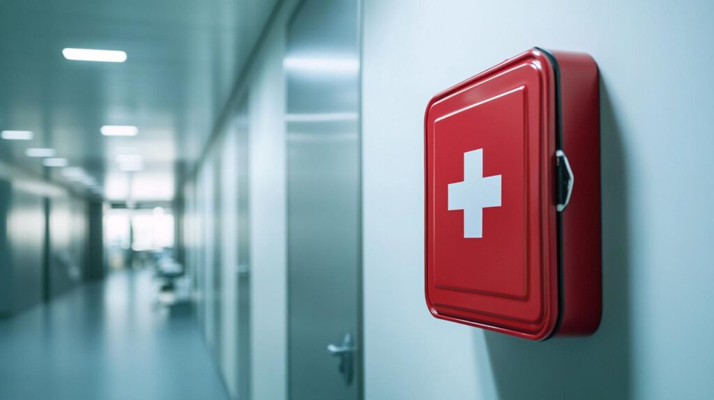 Wandmontierter Erste-Hilfe-Kasten in einem Flur – Beispiel für gelungene Platzierung von Erste-Hilfe-Einrichtungen