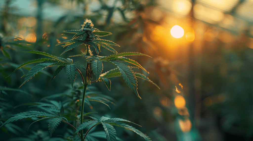 Cannabis-Pflanzen in verschiedenen Wachstumsstadien unter UV-Licht in einer professionellen Anbauanlage mit Fokus auf Arbeitssicherheit und Umweltschutz im Cannabisanbau.