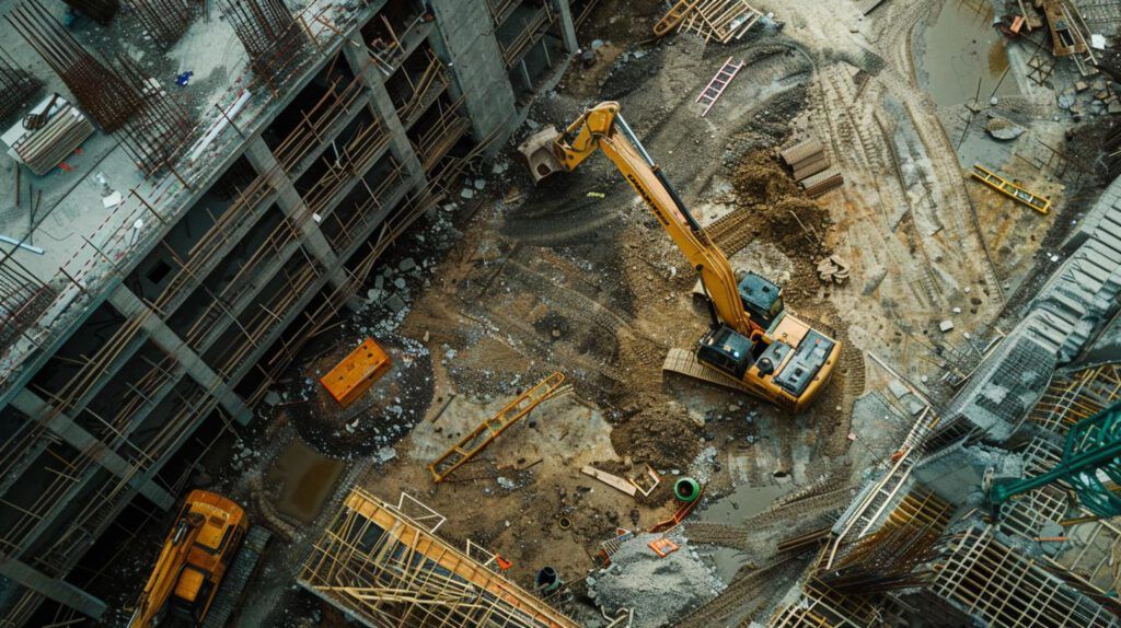 Luftaufnahme einer Baustelle mit Baumaschinen und Baugeräten, symbolisiert Risikomanagement.