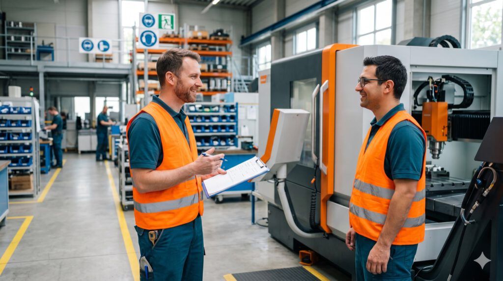 Sicherheitsbeauftragter mit Warnweste und Klemmbrett im Gespräch mit einem Kollegen in einer Produktionshalle