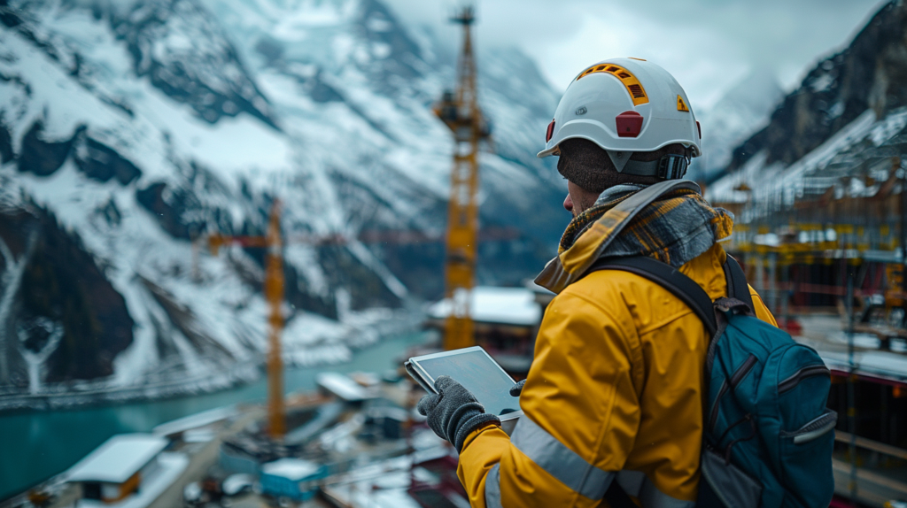 Sicherheitsfachkraft SFK arbeitet an Baustelle mit österreichischen Alpen im Hintergrund