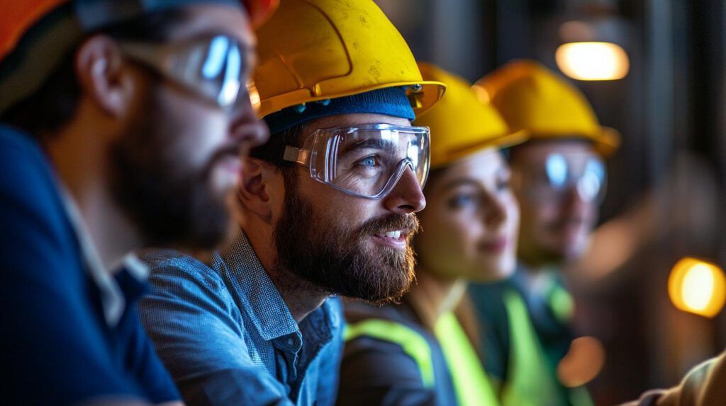 Sympathisches Team mit Schutzhelmen – gelebter strategischer Arbeitsschutz in einem modernen Industriebetrieb