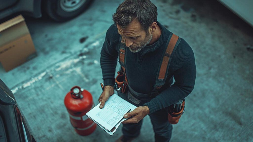 Techniker bei der Inspektion von Brandschutzausrüstung, symbolisiert die praktische Umsetzung von Sicherheitsmaßnahmen und den Einsatz des Feuerlöscher-Rechners nach ASR A2.2.