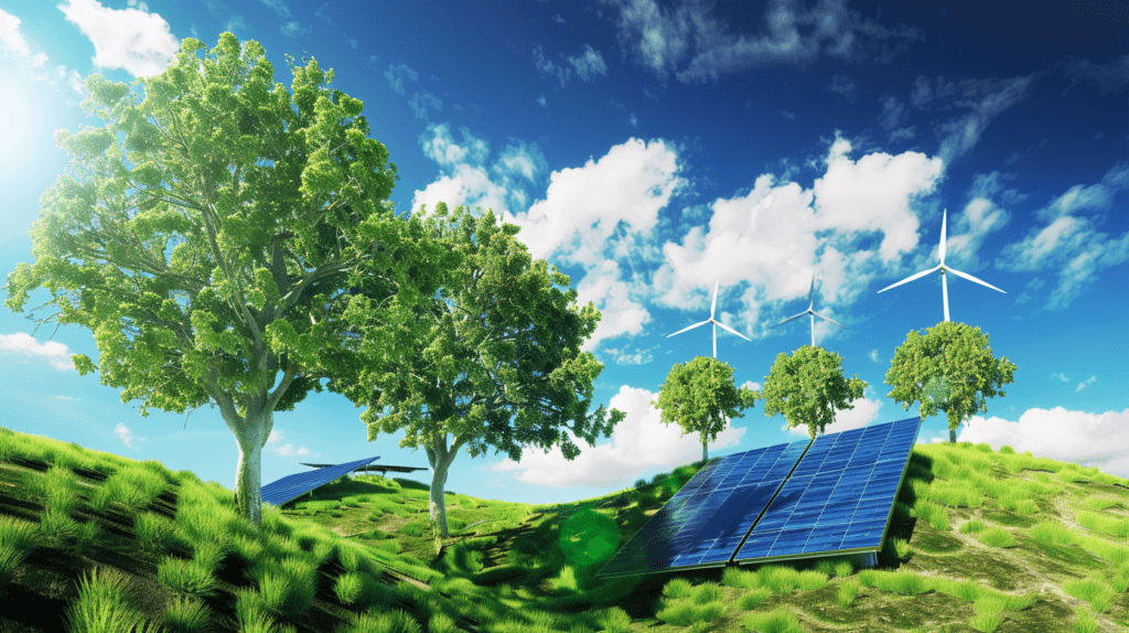Windräder, Solaranlagen und Bäume als Symbol für Umweltmanagementmaßnahmen