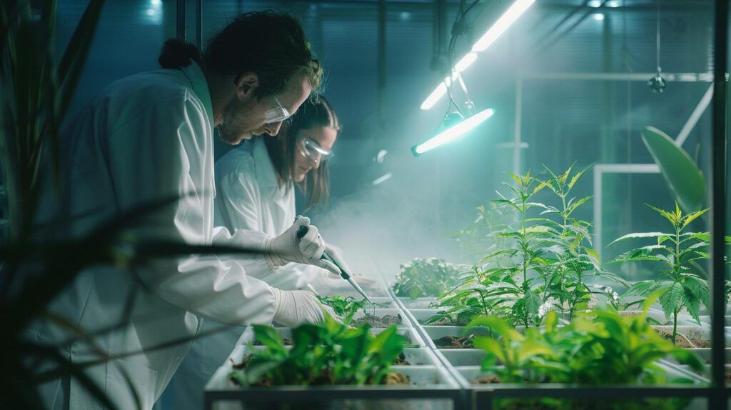 Zwei Wissenschaftler arbeiten im Labor mit Cannabispflanzen und untersuchen die Auswirkungen der Cannabislegalisierung.
